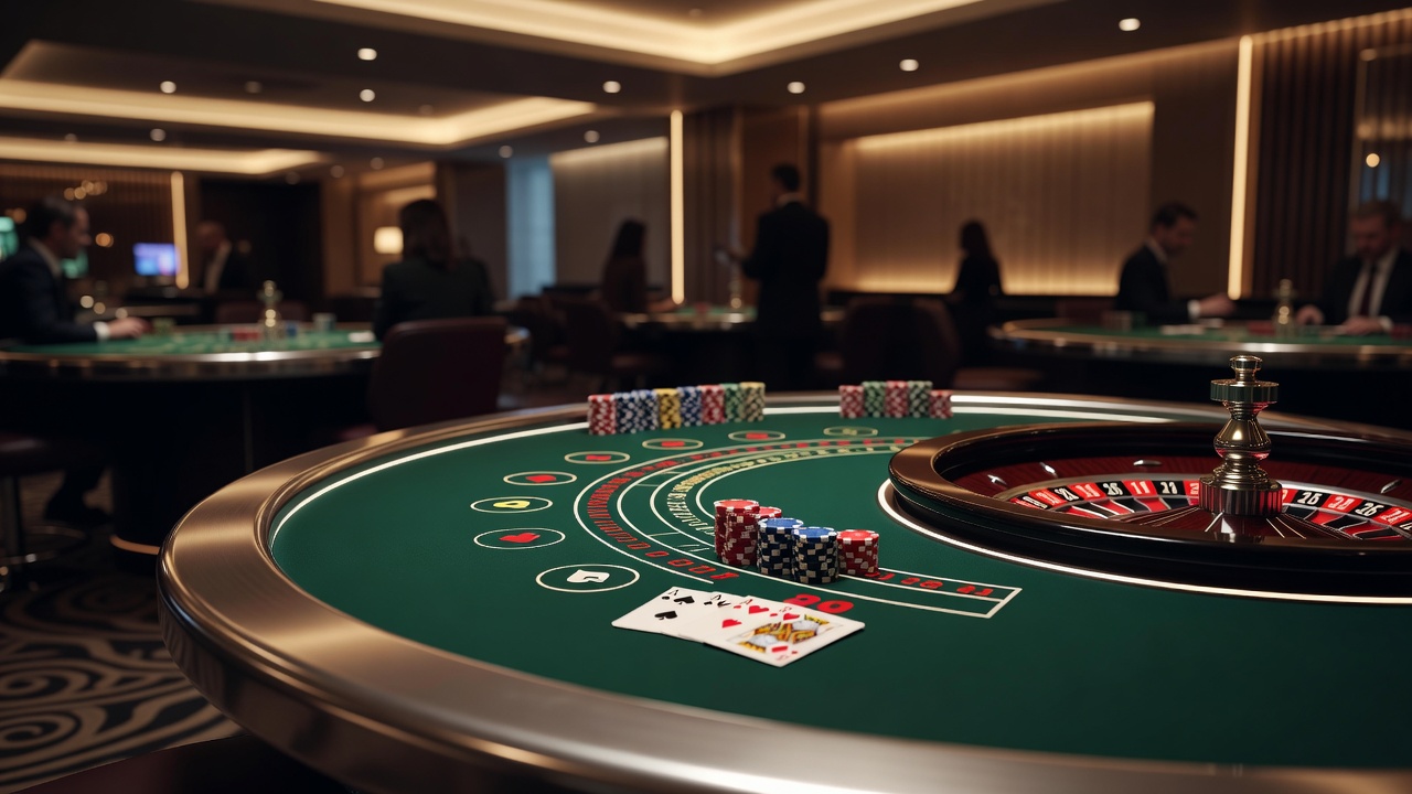 Verschiedene Casino-Spiele auf einem Tisch mit Karten, Chips und Roulette-Rad