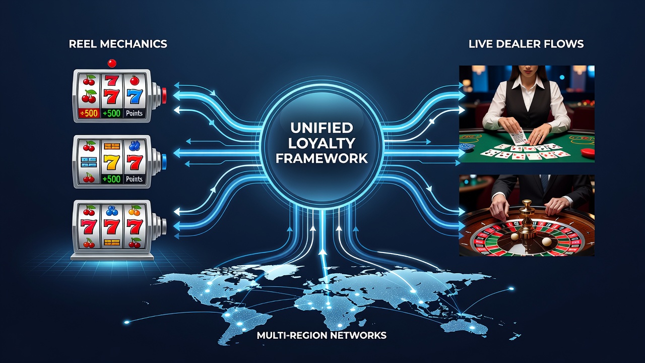 Darstellung vernetzter Treueframeworks mit Slot-Reels und Live-Dealer-Integrationen