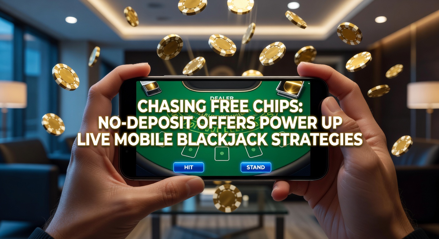 Smartphone mit Live-Blackjack-Tisch und No-Deposit-Bonus-Pop-up, das mobile Gaming-Strategien illustriert