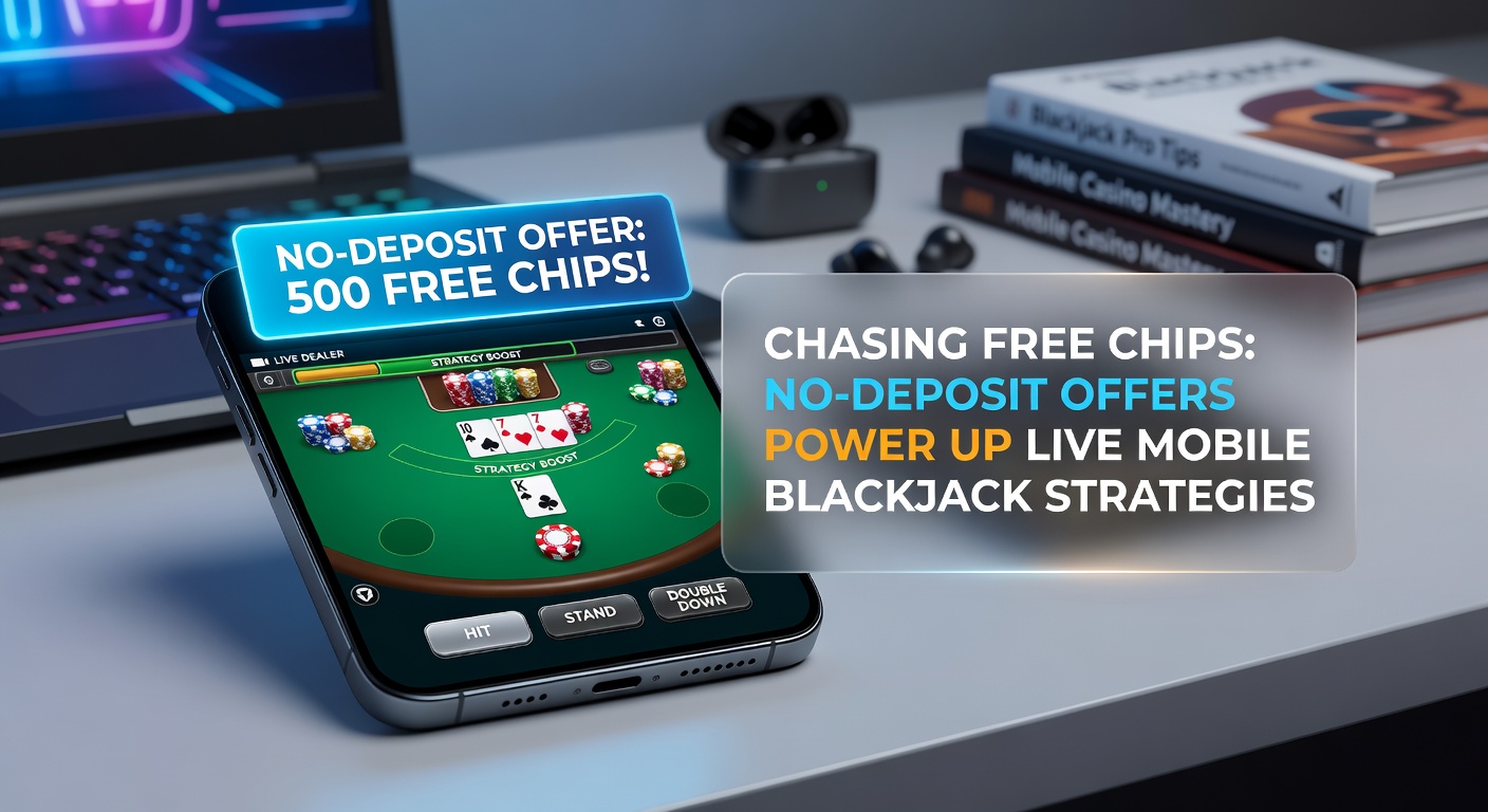 Grafik mit Strategie-Tabelle für Blackjack, No-Deposit-Bonus-Icons und mobiler Live-Tisch, die den Power-Up-Effekt zeigt