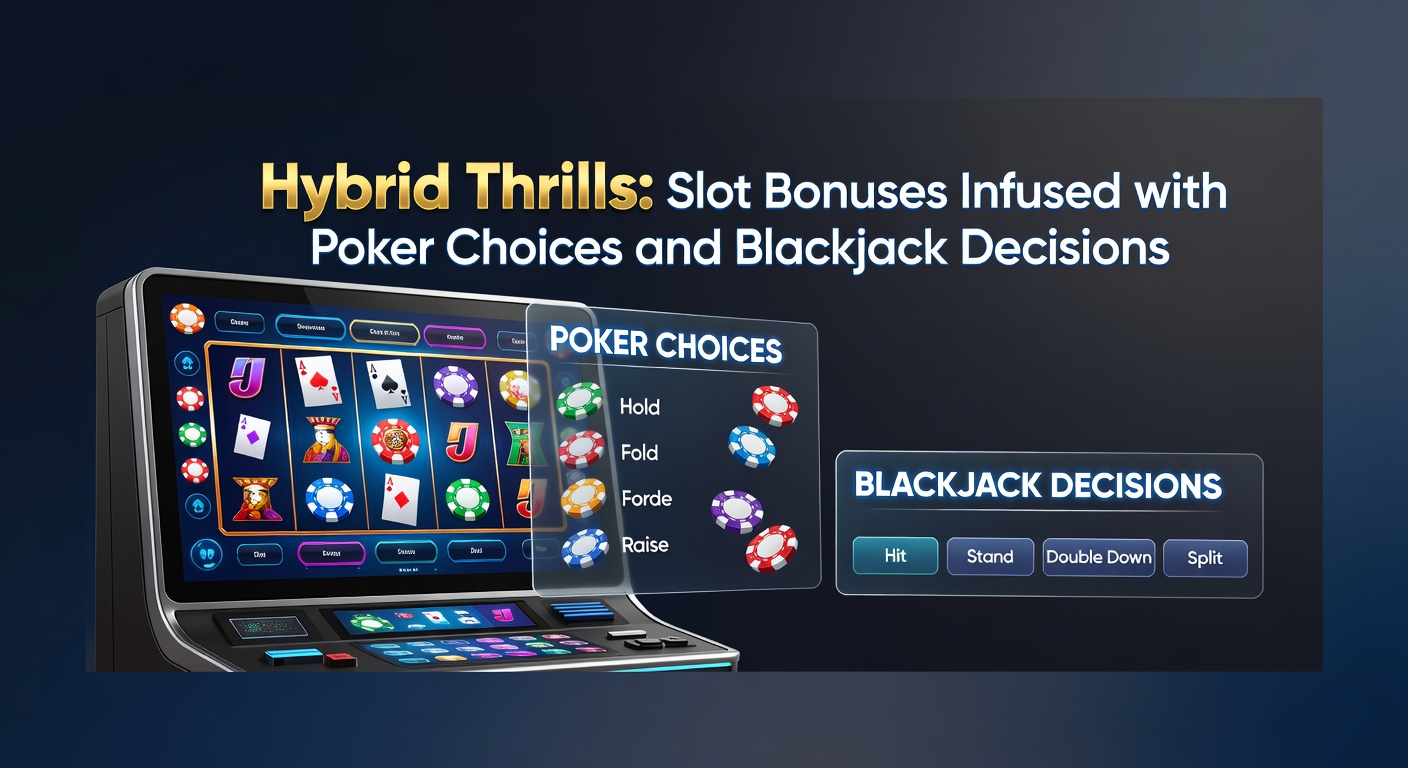 Dynamische Grafik eines hybriden Slot-Spiels, das Pokerkarten und Blackjack-Tische in einer Bonus-Runde kombiniert