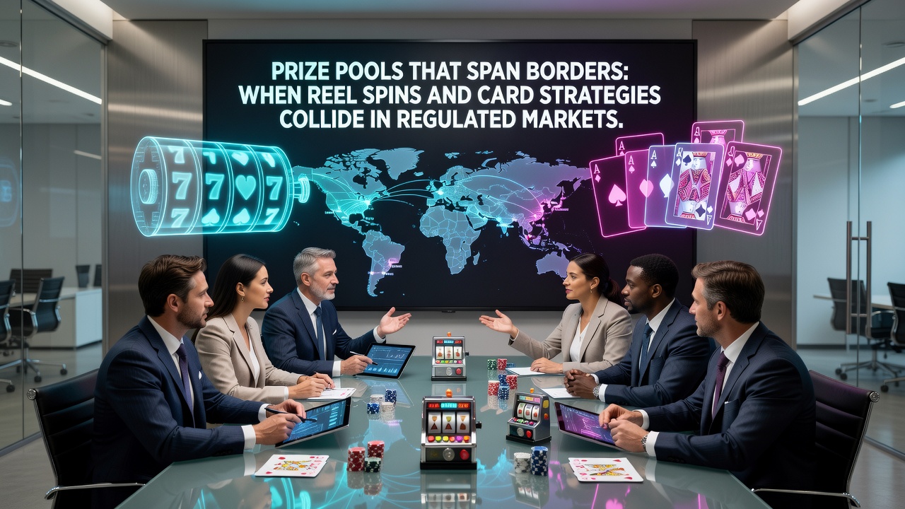 Illustration von vernetzten Casino-Plattformen mit Slots und Kartentischen über internationale Grenzen