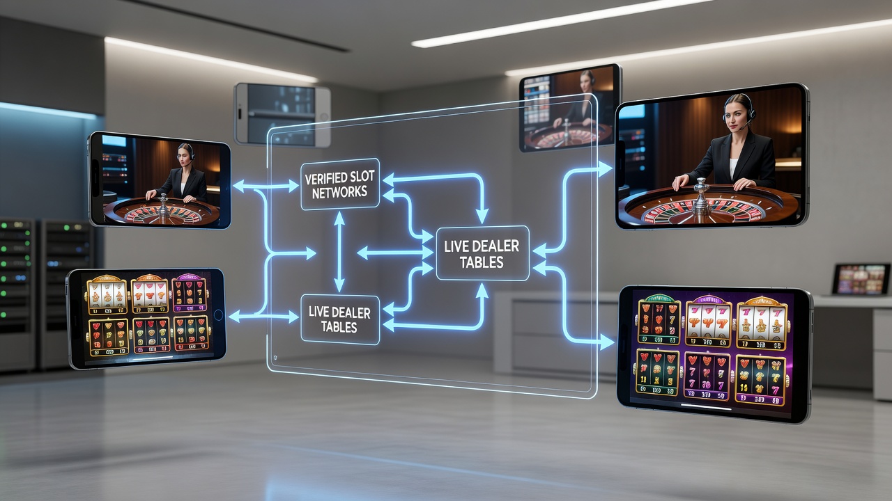 Darstellung vernetzter Transaktionsströme zwischen Slot-Systemen und Live-Dealer-Tischen auf mobilen Endgeräten