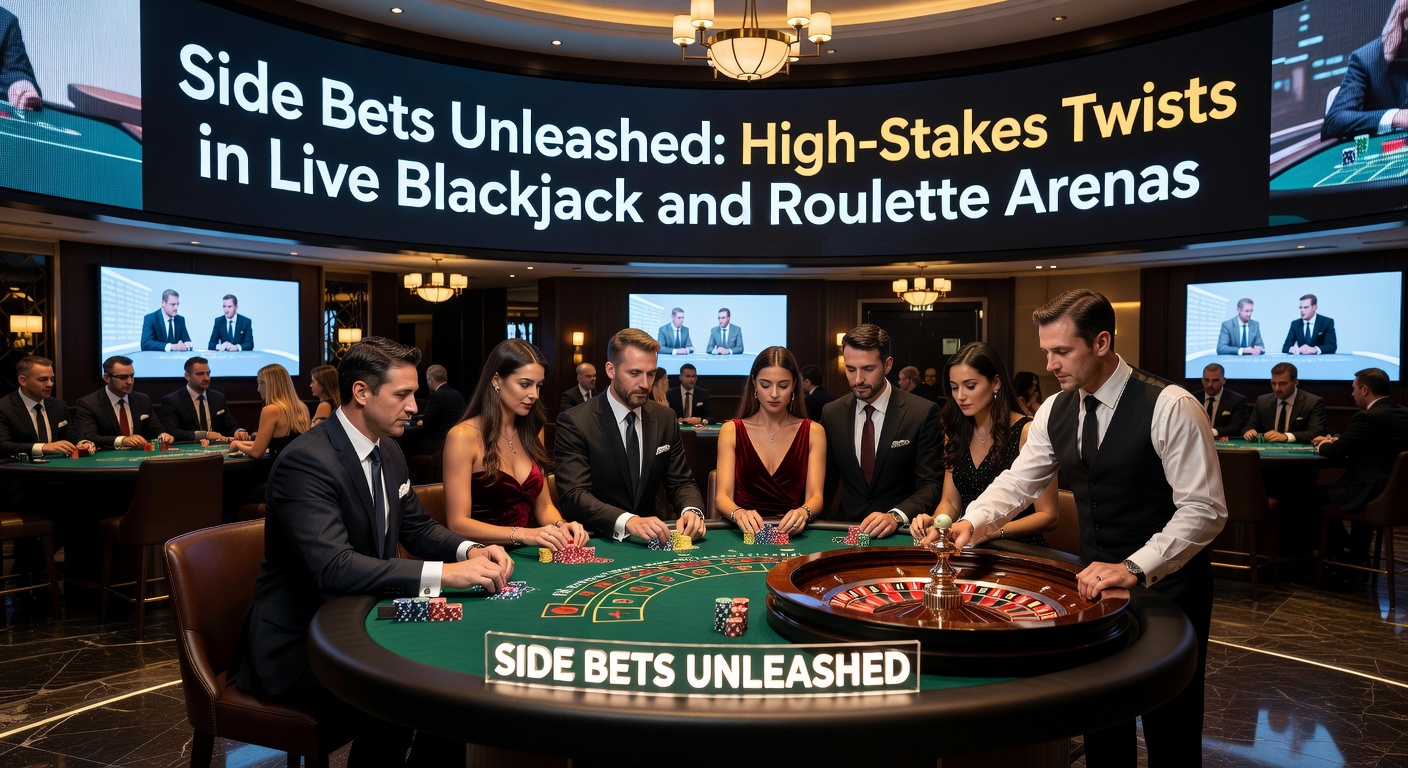 Live-Dealer beim Blackjack-Tisch mit Side-Bet-Optionen auf dem Bildschirm, beleuchtet von dramatischen Lichtern